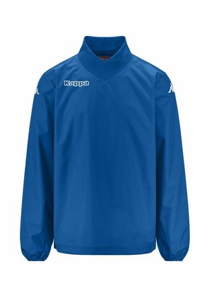 Giacca impermeabile blu con maniche lunghe, collo alto, polsini elasticizzati e logo "Kappa" sul petto. Tessuto morbido, materiale leggero.