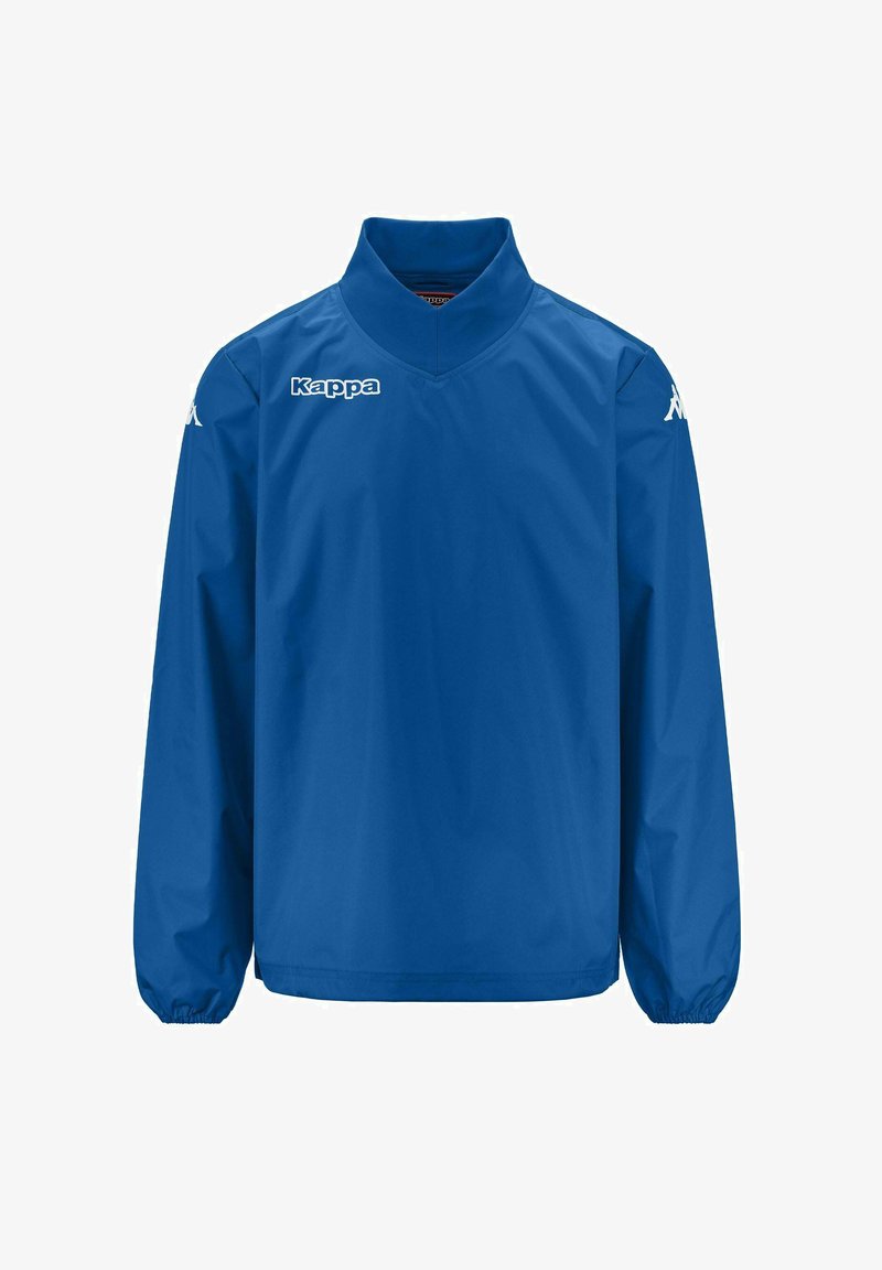 Giacca impermeabile blu con maniche lunghe, collo alto, polsini elasticizzati e logo "Kappa" sul petto. Tessuto morbido, materiale leggero.