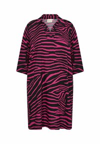 Růžové a černé zebra vzorované šaty ke kolenům s límečkem, krátkými rukávy a volným střihem. Vyrobené z lehké látky, s výstřihem do V.