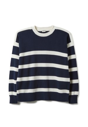 Maglione lavorato a maglia blu navy con strisce orizzontali bianche, scollo rotondo e polsini a coste. Texture morbida con vestibilità rilassata.
