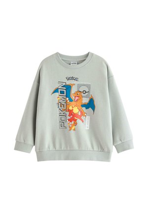 Lysegrå sweatshirt med farverige Charizard, Charmander og Charmeleon Pokémon-figurer med teksten "Pokémon" og en Poké Ball grafik.