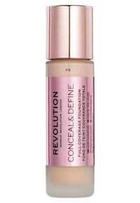 Fond de teint couvrant intégral dans une bouteille en verre cylindrique. Beige clair avec une finition mate. Comprend un capuchon métallique rose avec une étiquette en texte noir.