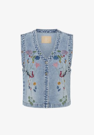 Veste en denim bleu clair, avec un col en V, une fermeture à boutons sur le devant et une broderie florale colorée le long des épaules et au centre devant.