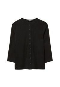 Schwarze Strickjacke aus weichem Stoff, mit runder Halslinie, Dreiviertelärmeln und einer Knopfleiste mit sechs Knöpfen.
