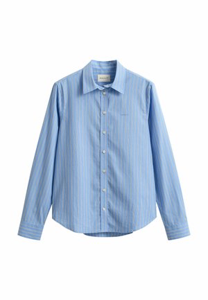 Chemise à manches longues bleu clair à boutons, avec des rayures verticales blanches et jaunes, col pointu et ourlet arrondi.