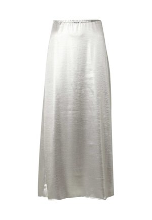 Zilver satijnen maxi rok met een gladde textuur, met een zijspleet en een elastische tailleband voor comfort en gemak.