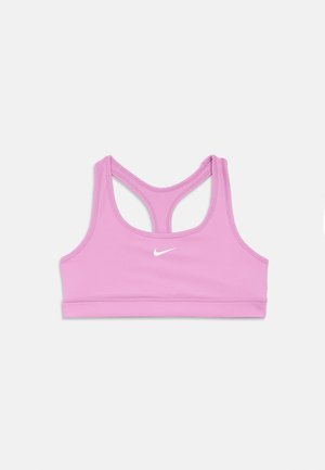 Pink sports bra with a solid design, featuring a racerback style, contrasting white logo on the front, and elastic underband.