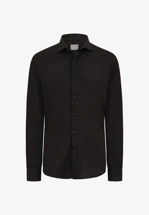 Mørkebrun langærmet skjorte lavet af tekstureret stof, med knapper foran, krave og slank pasform. Sorte knapper pynter foran.