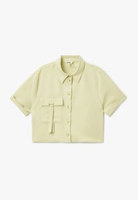 Korte button-up blouse in lichtgroen, met een puntige kraag, korte mouwen, een voorkeurszak met een strikdetail en een gladde textuur.