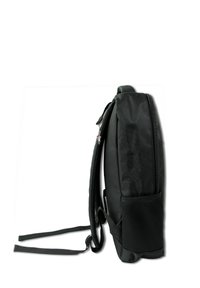 Black backpack with a sleek design, made of durable material. Features a zip closure, side mesh pocket, and padded adjustable straps.