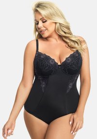 Schwarzer Body mit Spitzenakzenten an den Cups und Seiten, verstellbaren Trägern und einer glatten Textur. Mit gewelltem Ausschnitt.