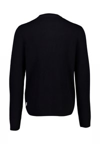 Schwarzer gerippter Pullover mit rundem Ausschnitt und langen Ärmeln. Verfügt über einen geraden Schnitt am Saum und ein kleines Markenetikett an der Seite.