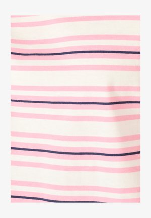 Strisce orizzontali rosa e blu navy su uno sfondo di tessuto bianco.