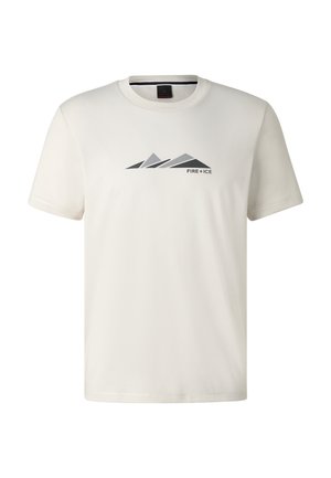 Biała koszulka z krótkim rękawem z czarno-szarym nadrukiem gór oraz napisem "FIRE + ICE" umieszczonym na środku klatki piersiowej.