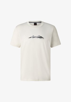 Bílé tričko s krátkým rukávem s černým a šedým motivem hor a nápisem "FIRE + ICE" uprostřed na hrudníku.