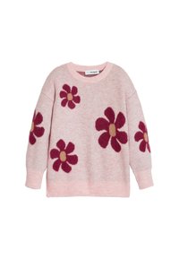 Rosa gestrickter Pullover mit großen burgunderroten Blumenmustern und beigen Mittelpunkten. Mit rundem Halsausschnitt und gerippten Bündchen. Weicher Stoff.