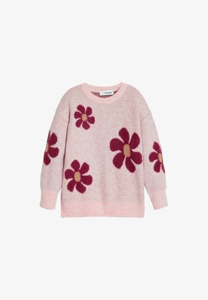 Rózsaszín kötött pulóver nagy burgundi virágmintákkal és bézs középpontokkal. Kerek nyakkivágással és bordázott mandzsettákkal rendelkezik. Puha tapintású.