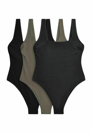 Three sleeveless, high-cut bodysuits in black and olive green, laid overlapping on a white background.