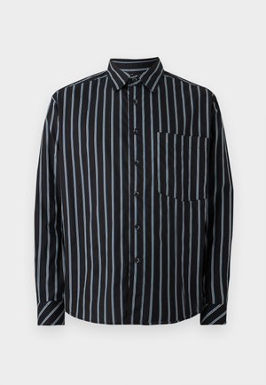 Black button-up shirt with blue vertical stripes, long sleeves, a collar, and a chest pocket. Smooth fabric, relaxed fit, standard buttons.