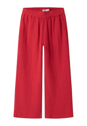 Czerwone spodnie o szerokich nogawkach z elastycznym pasem, teksturowaną tkaniną i luźnym krojem.