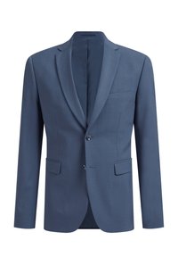 Mörkblå skräddarsydd kavaj med slagkrage, två framknappar och två sidofickor. Tillverkad av ett glatt, texturerat tyg.