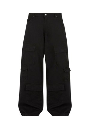 Black cargo pants made of durable cotton with a relaxed fit. Features multiple utility pockets and a straight leg design.