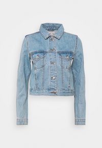 Světlemodrá džínová zkrácená bunda s límečkem, dvěma náprsními kapsami, stříbrnými knoflíky a klasickým střihem s dlouhými rukávy.