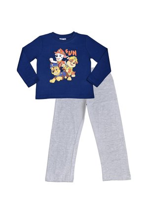 Navy blue long-sleeve shirt with three cartoon puppies and "FUN" text, paired with light gray pants.