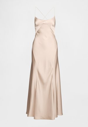 Satin, beige evening dress with spaghetti straps, featuring a fitted bodice, draped silhouette, and a flared hem. Smooth texture with a subtle sheen.