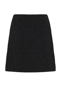Jupe noire avec un motif floral texturé, design évasé, et une taille lisse, présentant un ourlet uni pour une finition soignée.