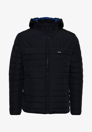 Black puffer jacket with a hood, featuring a zippered front, a chest pocket, and a blue inner lining. It has a quilted texture and minimal branding.