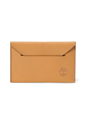 Portafoglio in pelle marrone chiaro stile busta con bordi cuciti e logo a forma di albero in rilievo nell'angolo inferiore destro.