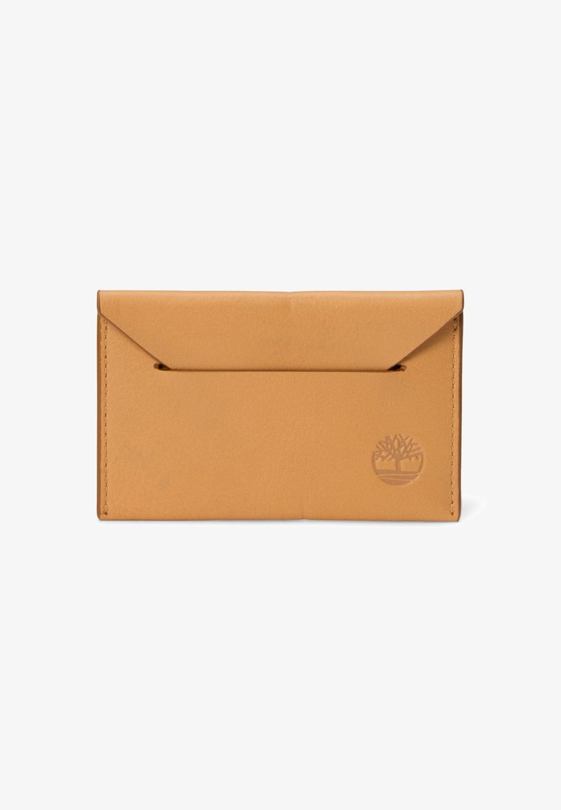 Tan leather envelope-style wallet with stitched edges and embossed tree logo on lower right corner.