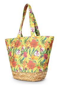 Bloemrijk draagtas met een gele stoffen bovenkant met oranje, roze en paarse bloemen; geweven rieten bodem; dubbele stoffen handgrepen.