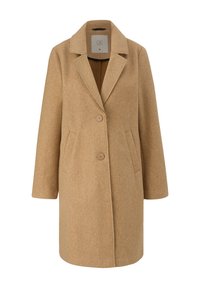 Camelkleurige wollen blend jas met reverskraag, twee knopen aan de voorkant en zijzakken, maat S, weergegeven tegen een witte achtergrond.