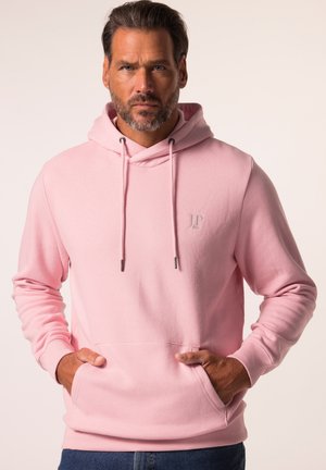 Różowa bluza z kapturem, wykonana z miękkiego materiału, z kieszenią z przodu, sznurkiem do regulacji kaptura oraz małym haftowanym logo na piersi.