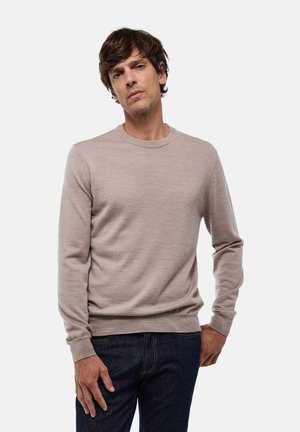 Pull beige clair, col rond, manches longues, texture lisse. Porté sur un jean foncé, mains placées sur les hanches, détails de design minimalistes.