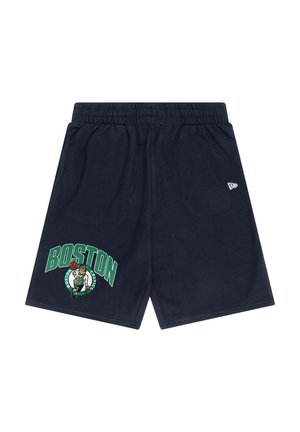 Navy blue athletic shorts with an elastic waistband, featuring a green "BOSTON" logo and Celtics mascot graphic on the left thigh.