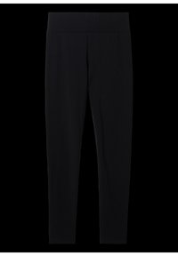 Leggings negros de tejido elástico con una cinturilla ancha, que presentan una textura suave y un diseño ajustado que se estrecha en los tobillos.