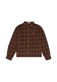 Bruin en groen geruite button-up shirt met lange mouwen en een klein oranje geborduurd logo op de linkerborst.
