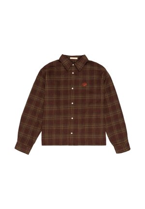 Brown and green plaid button-up shirt with long sleeves and a small orange embroidered logo on the left chest.