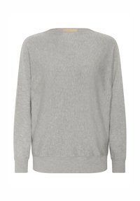 Gray sweatshirt with long sleeves, a round neckline, ribbed cuffs, and hem. Soft texture, uniform color, and minimalistic design.