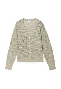Jasnozielony sweter rozpinany na guziki z dekoltem w serek, ozdobiony ażurowym wzorem w kształcie diamentu oraz ściągaczami na mankietach i dole. Teksturowana, dzianinowa tkanina.