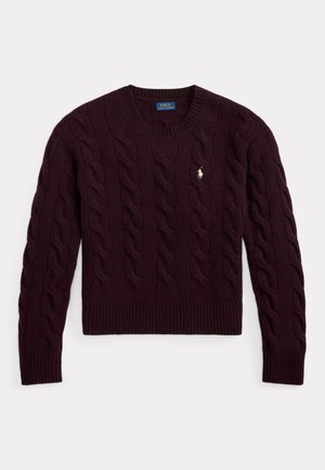 Pull en maille torsadée violet foncé avec manches longues, col rond, poignets et ourlet côtelés, et petit logo blanc Polo Ralph Lauren sur la poitrine.