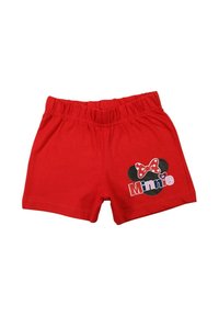 Shorts en coton rouge avec une ceinture élastique, ornés d'un graphisme de Minnie Mouse et d'un nœud à pois sur le devant.