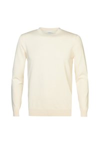 Maglione color crema con collo rotondo, maniche lunghe, polsini e orlo a coste, realizzato in un tessuto morbido con una texture liscia.