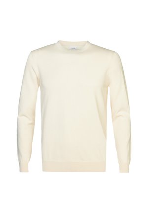 Cremefarvet sweater med rund hals, lange ærmer, ribbede manchetter og kant, lavet af et blødt stof med en glat overflade.