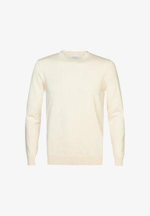 Cremefarbener Pullover mit Rundhalsausschnitt, langen Ärmeln, gerippten Bündchen und Saum, gefertigt aus weichem Stoff mit glatter Textur.