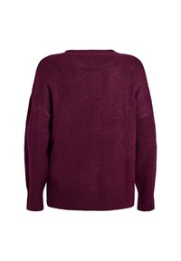 Maglione lavorato a maglia di un profondo colore borgogna, caratterizzato da una vestibilità ampia e rilassata, spalle scese e polsini a coste. Tessuto morbido e senza motivi visibili.