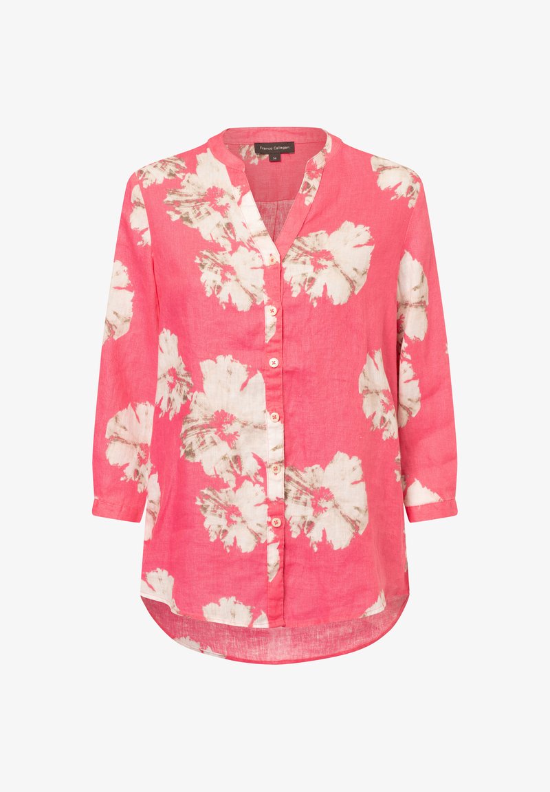 Rosa Leinenhemd mit Dreiviertelärmeln, weißen floralen Mustern und einer Knopfleiste mit hellen Knöpfen.